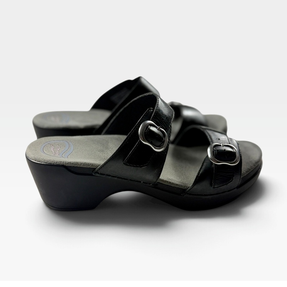 Dansko Sophie Slide Sandals Womens 42 Black Leather Buckle Wedge Clog Excellent
